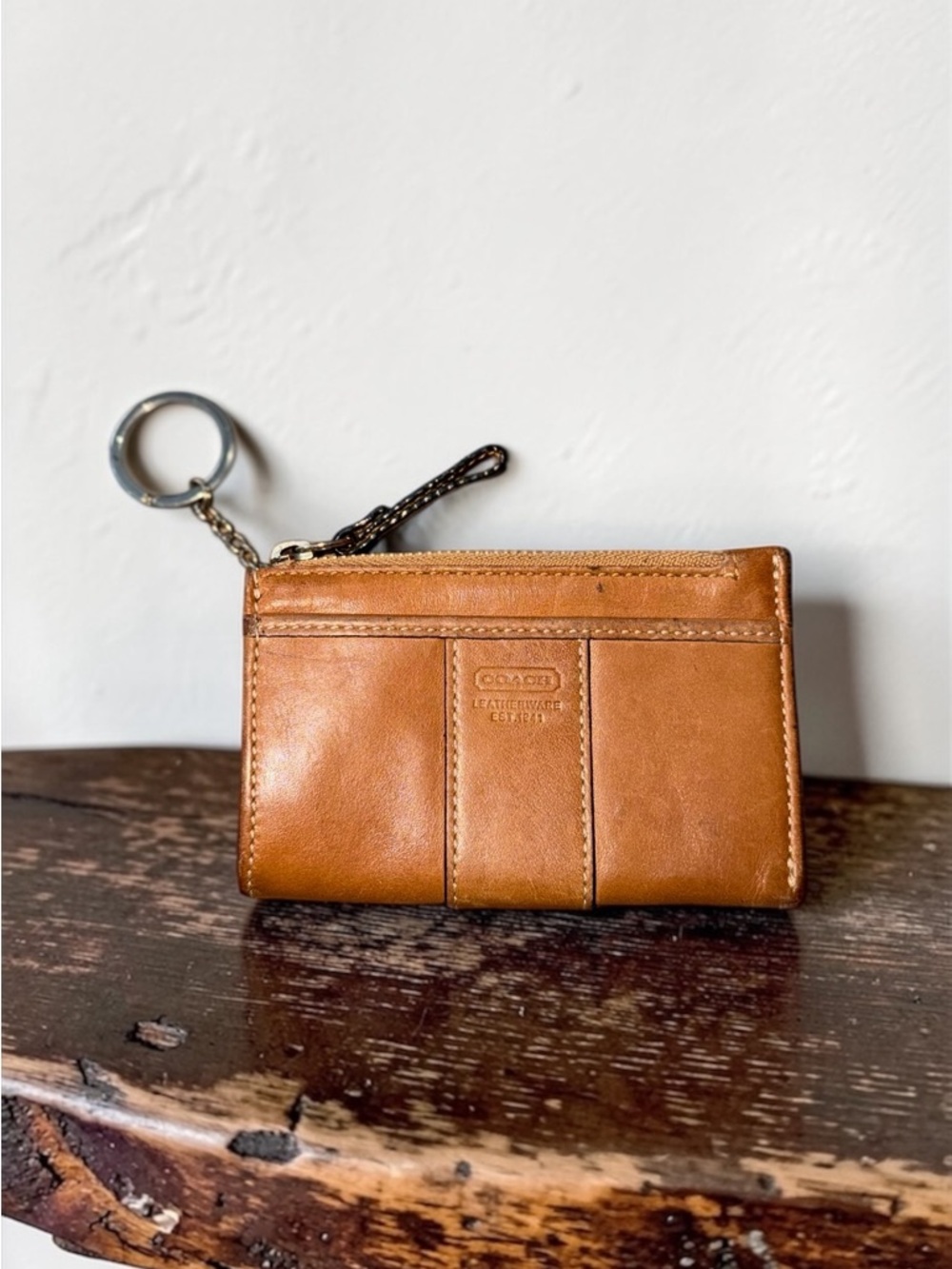 Coach Vintage Tan Leather Y2K Mini Key Chain Card Coin Holder Zip Wallet Women’s